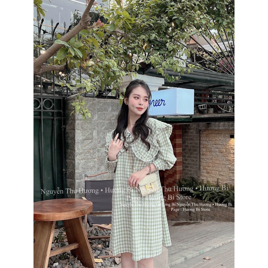 Đầm caro xanh cổ sen siêu hot