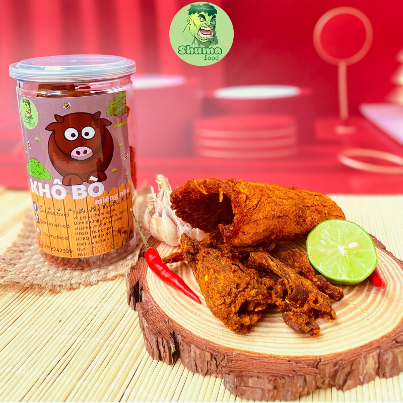 Khô bò miếng nhỏ 250g SHUMAFOOD thượng hạng bò thật dai ngon, đậm vị chuẩn đồ ăn vặt Việt Nam