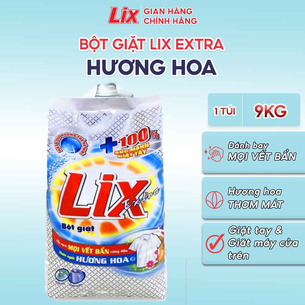 Bột giặt Lix Extra hương hoa 9Kg EB010 siêu làm trắng quần áo tăng gấp đôi sức mạnh lưu hương lâu cho giặt tay và máy