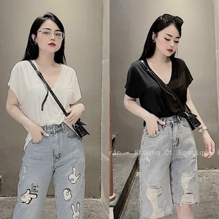 Áo thun cổ tim basic chất cotton lụa thái bao đẹp