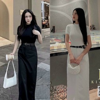 Set áo thun body tay ngắn basic + Chân váy midi kèm nịt xẻ sau