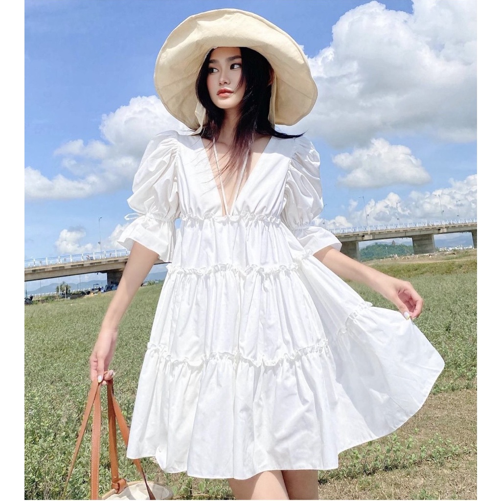 ĐẦM BBD CỔ V XÒE TRẮNG TAY BO BÈO (TH)