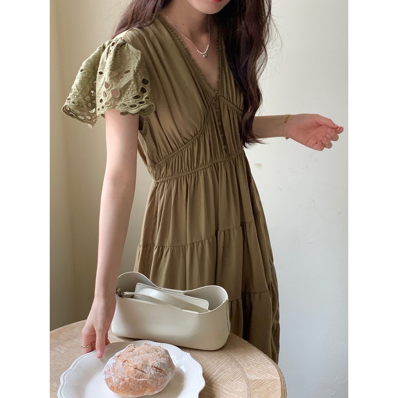 Váy dài midi cổ V, tay phối ren tinh tế che khuyết điểm vai to, Đầm đẹp hack eo freesize dưới 60kg