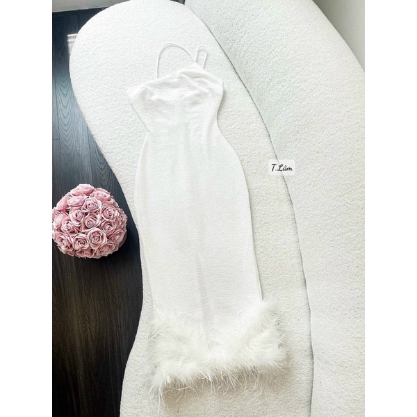 Đầm body chéo dây phối lông