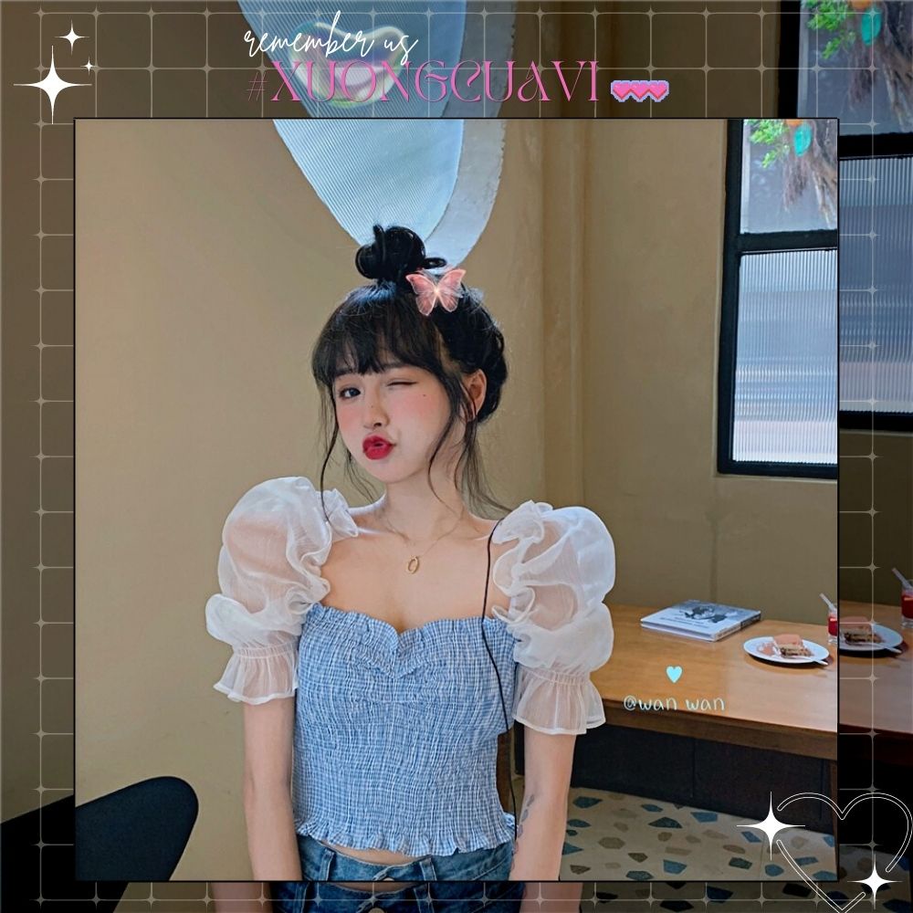✧Ảnh thật✧ Áo croptop tay voan phồng hoạ tiết caro kiểu Pháp phong cách tiểu thư ATN008 Xưởng Của Vi