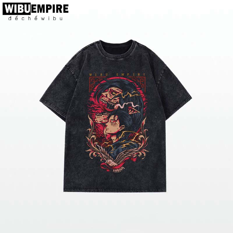 WIBU EMPIRE | Áo Thun Wash Form Rộng Vintage Eren Yeager | Anime Attack on Titan - Áo Phông Wash Unisex