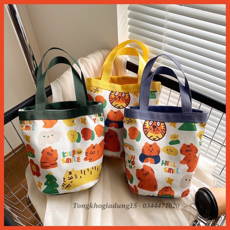 Túi xách hình hộp họa tiết Hổ nhỏ dùng đựng cơm, túi đựng đa năng tiện dụng