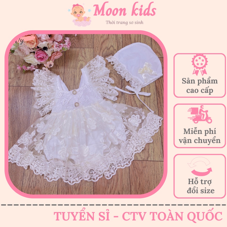 Váy Bé Gái Sơ Sinh Thiết Kế Cao Cấp, Váy Cho Bé Thiết Kế Màu Trắng Kèm Phụ Kiện, Đầm Công Chúa, Đầm Đầy Tháng