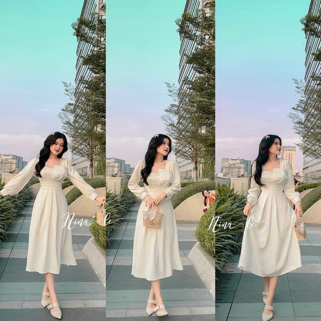 (NEW) đầm dáng dài dự tiệc sang chảnh đầm dài qua gối thiết kế cổ vuông tay dài chất coton lạnh siêu đẹp