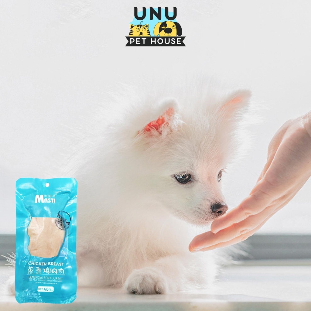 Ức gà ăn liền cho chó mèo được hấp lên từ thịt gà tươi, gói 40gr – UNU Pet House
