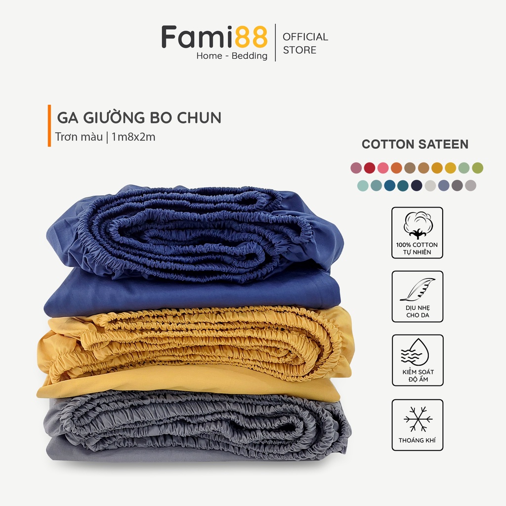 Ga trải giường 1m8x2m cotton sateen Hàn Quốc Fami88 Bedding cao cấp, ra nệm, ga trải giường bo chun bọc đệm 180x200cm