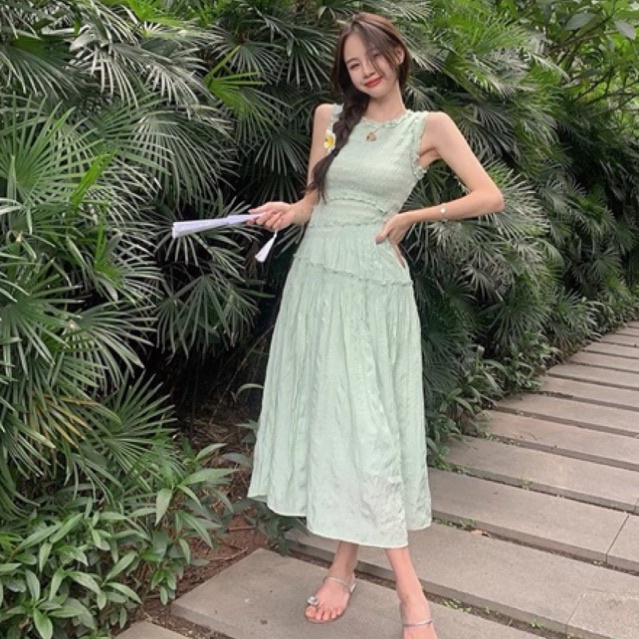 Váy xanh maxi du lịch, video thật shop quay, aimeecloset.vn