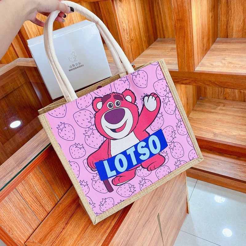 Túi xách nữ, túi cói LOSTO gấu hồng đựng tiện ích siêu tiện lợi phong cách Nhật Bản