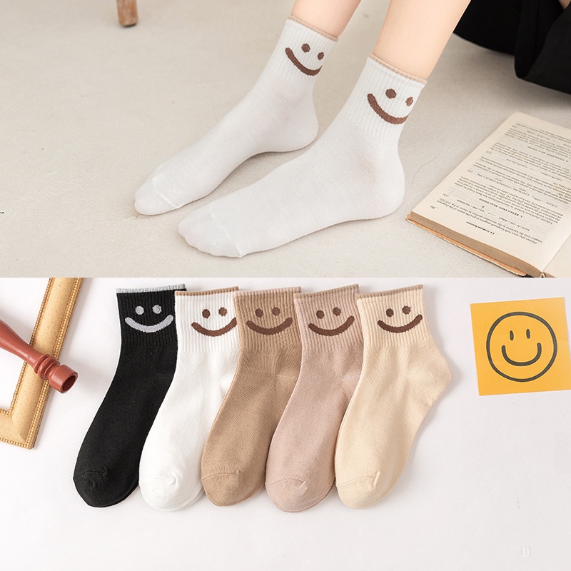 Tất Nữ cổ trung họa tiết mặt cười màu trơn đen trắng nâu Vớ Nữ cổ vừa dễ thương êm đẹp thời trang Mr.Cotton CT-NU008