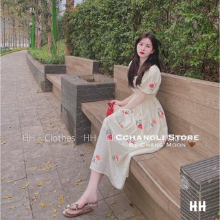 Váy đầm hoa thêu nổi cổ vuông xếp ly ngực dáng dài tiểu thư chất thô qc