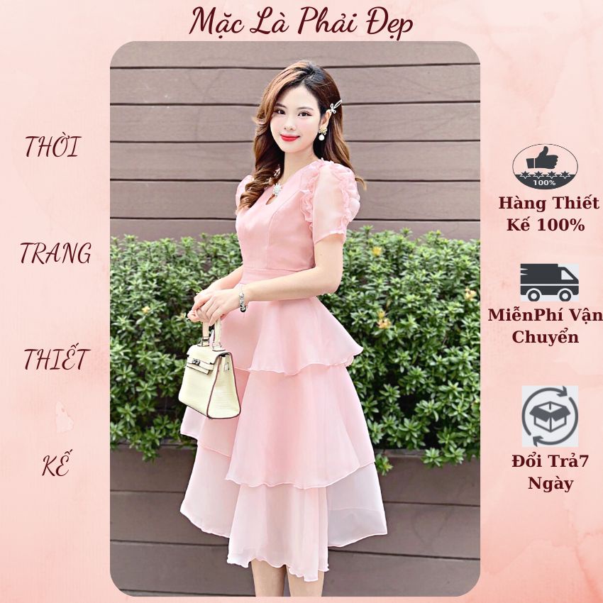 Váy dự tiệc thiết kế chất voan 3 tầng, ôm eo, dáng xòe cao cấp - TOP FASHION - Đầm tiểu thư tay bồng đính đá cực xinh