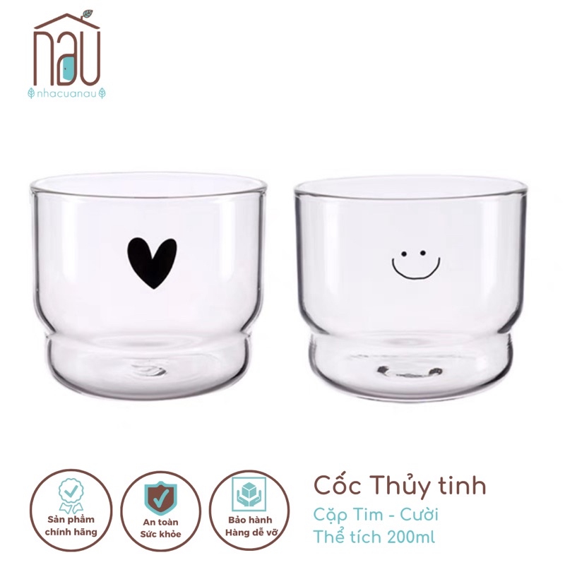 Cốc nước thuỷ tinh chịu nhiệt hoạ tiết trái tim mặt cười dễ thương; dùng hàng ngày hoặc làm quà tặng tại Nhà của Nâu
