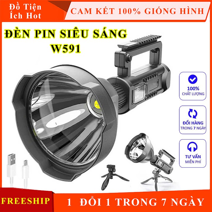Đèn pin cầm tay siêu sáng chiếu xa 1000m đa năng chống thấm nước có chân đế W590.591