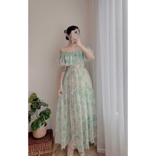 [ ẢNH TỰ CHỤP ] ĐẦM VINTAGE HOA TRỄ VAI - anvintageclothes