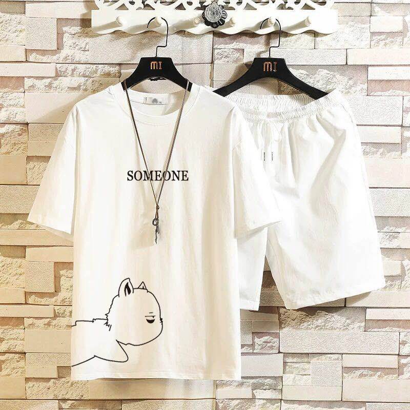 Set Áo Thun Ngắn Tay + Quần Lửng In Hình Mèo Thời Trang Mùa Hè Dành Cho Nam