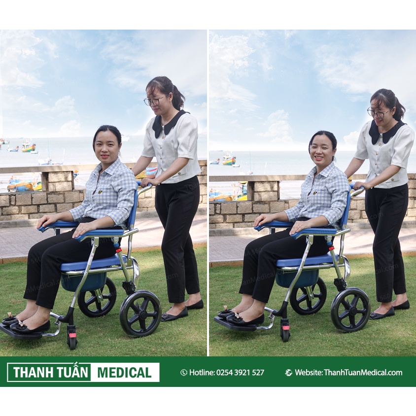 Xe lăn kết hợp ghế bô vệ sinh đa năng BÁNH LỚN GBM-018 khung hợp kim nhôm siêu bền - Có đệm, Bánh xe, Chỗ gác chân