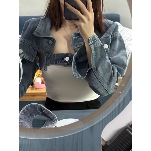 Set áo croptop jean + áo ống phối jean chất chơi