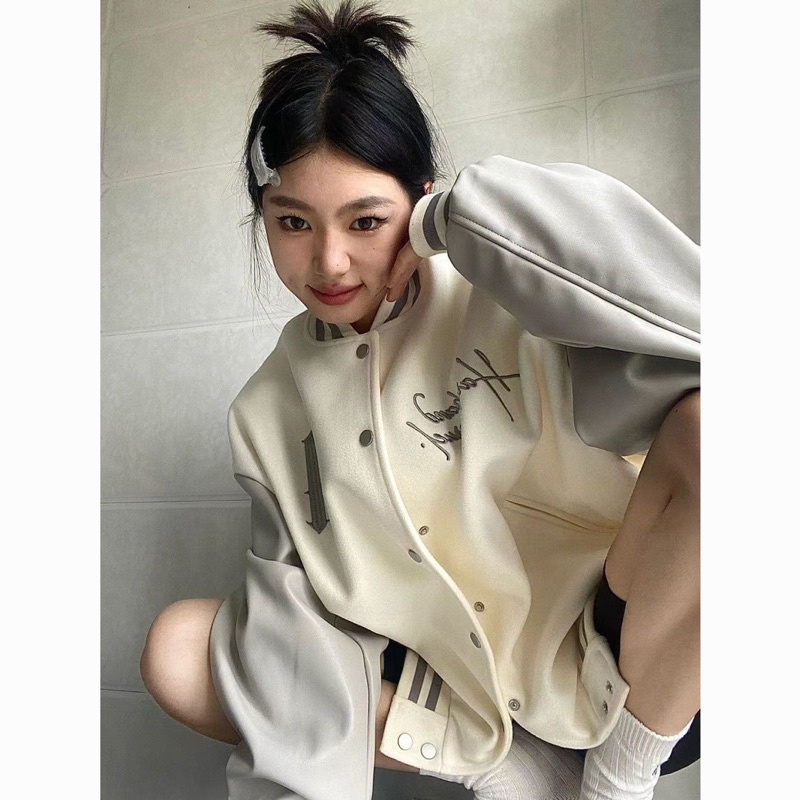 (Ảnh thật ở cuối)Áo khoác bóng chày dáng rộng phối tay da pu kiểu dáng hiphop thời trang nam nữ