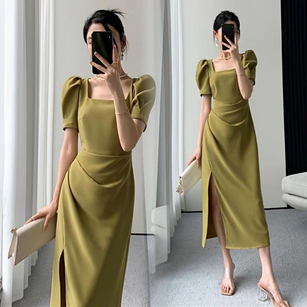 Chất BéommVáy Dài Xẻ Tà Cổ Vuông Màu Xanh Lá Cây Sang Trọng Cho Nữ Cỡ Lớn Mùa HèmmVáy Xếp Ly Sang Trọng200Pound