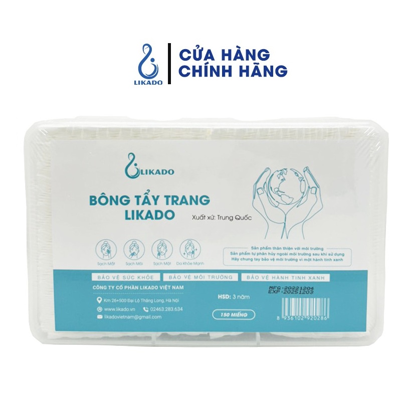 Bông tẩy trang Likado dạng hộp 150 miếng bông tự nhiên (6cm x 8cm)