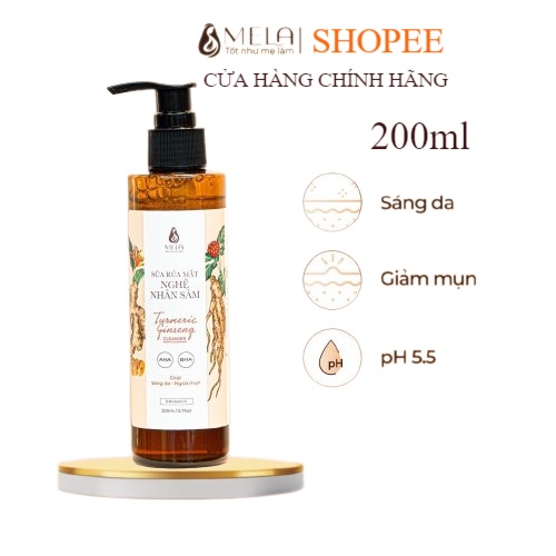 Sữa Rửa Mặt Nghệ Nhân Sâm MELA Giảm Mụn Sáng Da Dịu Nhẹ, Gel Rửa Mặt Cấp Ẩm Giảm Thâm Và Cân Bằng pH 200ml | BigBuy360 - bigbuy360.vn