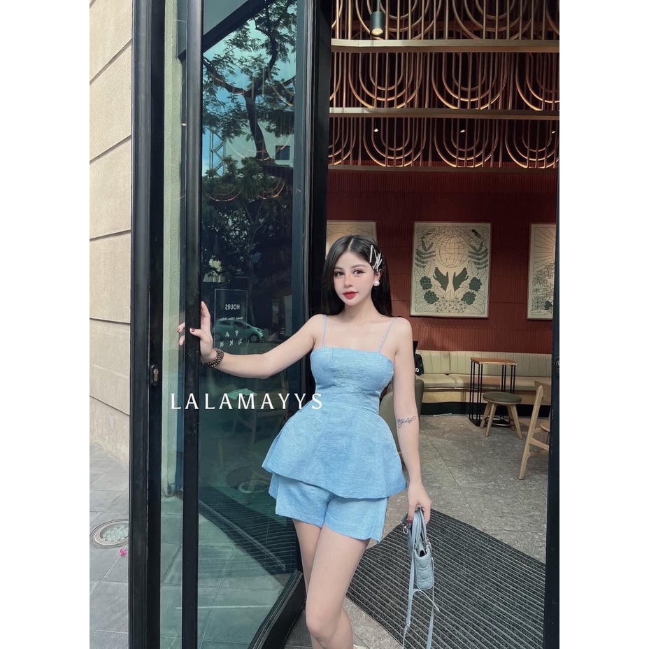 Set đồ Áo hai dây dáng xòe phối Quần sooc năng động, sang chảnh tiểu thư, kèm video hàng thật