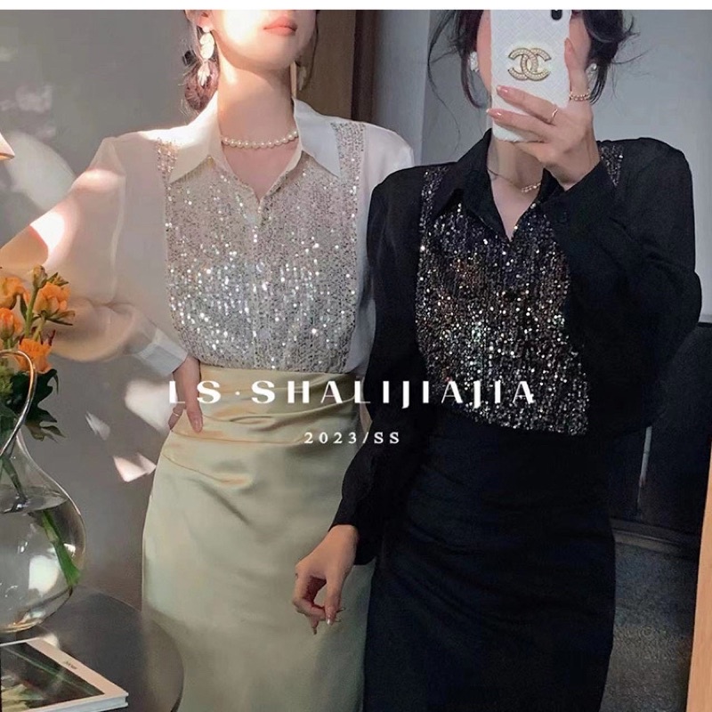 Áo sơ mi vải lụa đính nhũ kim cương,áo sơ mi công sở phong cách sang chảnh thanh lịch nhẹ nhàng