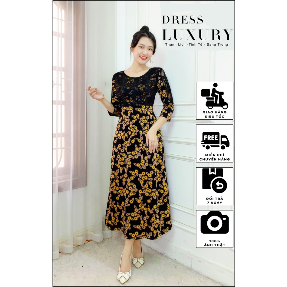 Đầm váy DRESS LUXURY HD dáng suông tay lỡ phối ren, họa tiết màu sang trọng, lịch sự