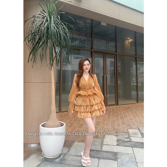 Đầm dáng xoè tầng voan tơ cổ V chiết eo