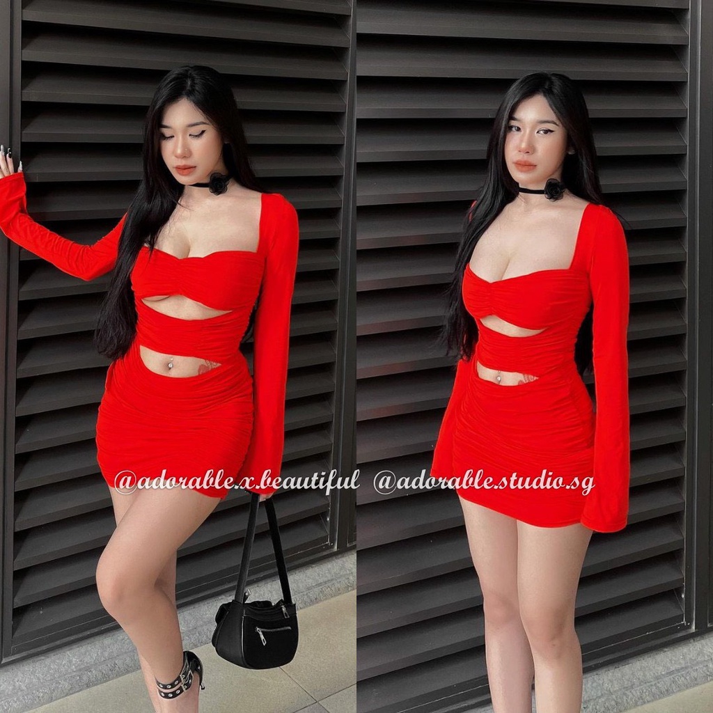 Đầm Body Thun Tay Dài 2 Lớp Cut Out, Váy Ôm Cổ Vuông Co Giãn Sexy Dự Tiệc Sang Trọng