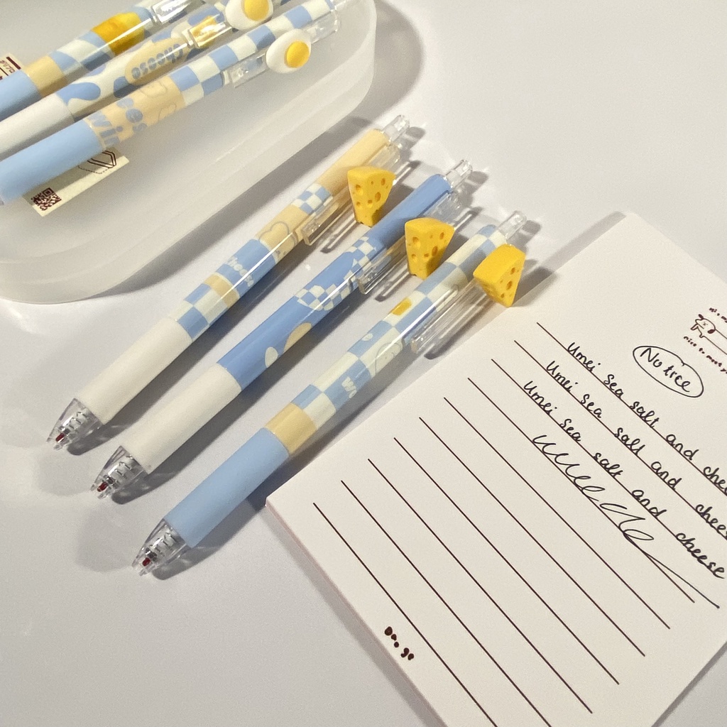 Bút Gel Bấm UMEI Mực Đen Ngòi Kim Cao Cấp Hoạ Tiết Cheese &amp; Trứng Rán Có Thanh Cài