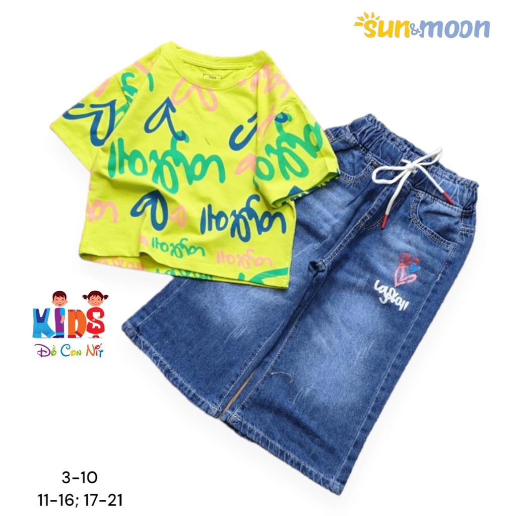 (3Y - 16Y) Set quần jean ống suông dài áo thun cotton cho bé gái