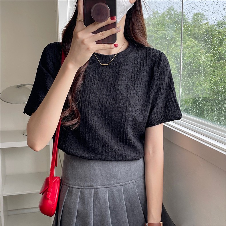 Áo thun cộc tay chất xốp nhăn cổ tròn dáng vừa 5 màu