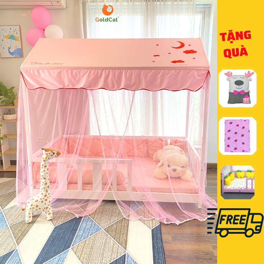 Giường cho bé gái, bé trai hình ngôi nhà, gỗ quế tự nhiên GoldCat cho trẻ từ 3-15 tuổi | Tặng Set Trang tr
