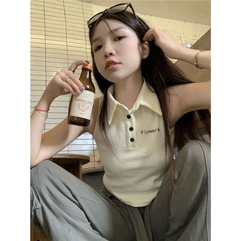 Áo ba lỗ cổ Polo hot girl sang trọng áo mẫu ngắn không tay mặc bên ngoài thích hợp thiết kế tôn dáng tôn dáng m