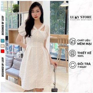 Đầm Trắng Thiết Kế LUXY V10120 Vải Xốp Hoa Cao Cấp Cổ Cách Điệu