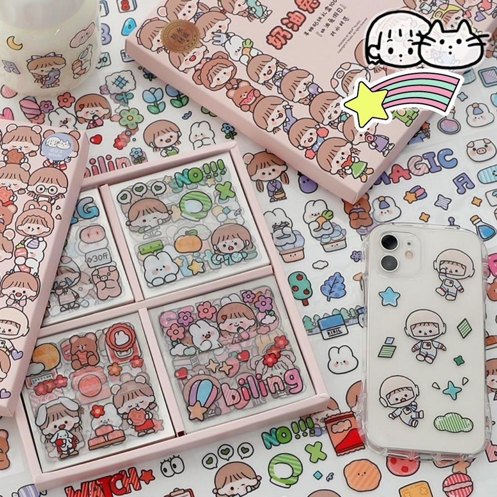 Hộp 100 tấm Sticker Hình Dán Họa Tiết Hoạt Hình Trang Trí siêu đáng yêu
