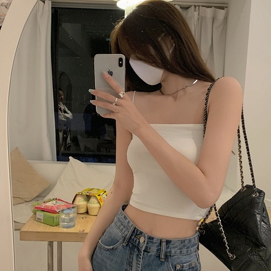 Áo hai dây LANJIEXI dệt kim màu sắc đơn giản thời trang quyến rũ cho nữ