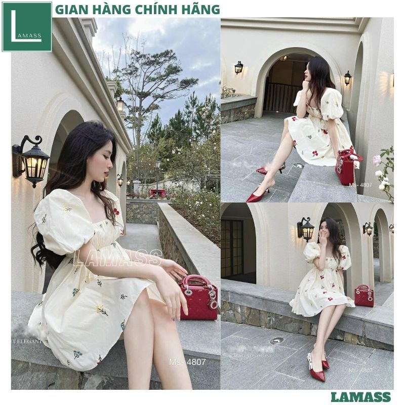 Váy babydoll cổ vuông tay bồng họa tiết cherry, Đầm suông bánh bèo thời trang Hàn Quốc cho phái đẹp siêu xinh - LAMA