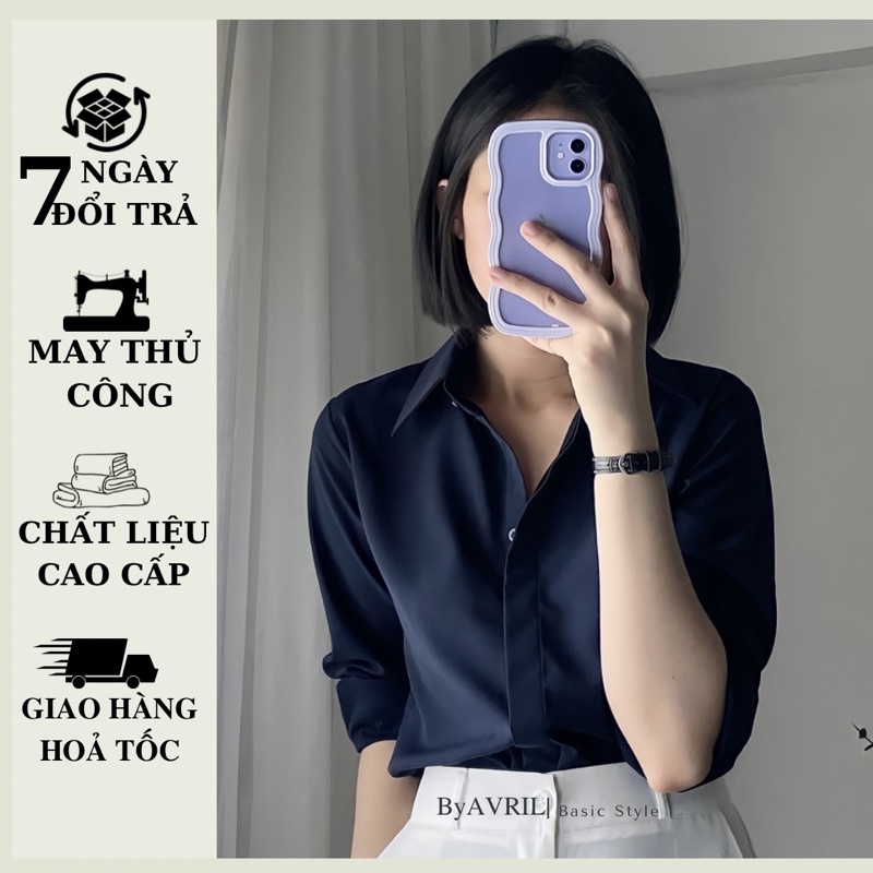 Áo sơ mi nữ màu xanh đen xanh than tay dài công sở form suông kiểu Hàn Quốc mã AGC02