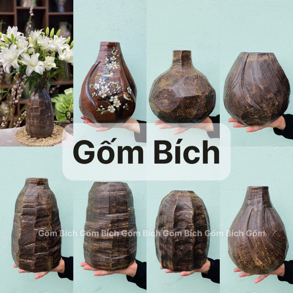 Bình Hoa Lọ Hoa Giả Gỗ Gốm Mộc Bát Tràng Cắm Hoa Decor Đẹp - Gốm Bích