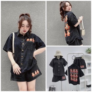 Set Bộ Jean Nữ - Bộ Bò Nữ Hè Mẫu Gấu Lotso, chất jean mốc Quảng Châu Hình ép 6D cả bộ.TT02