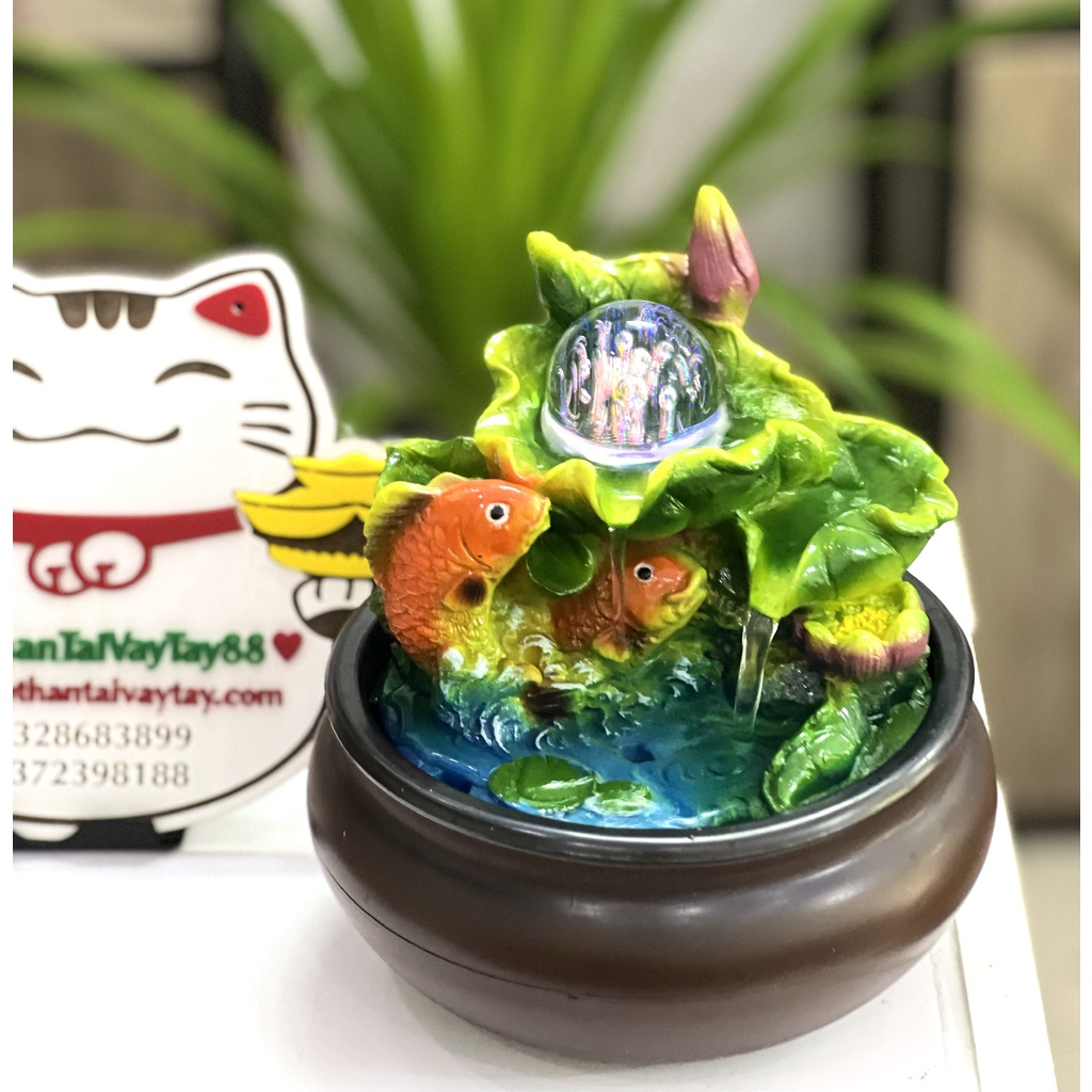Đài phun nước để bàn trang trí, thác nước phong thủy đèn Led thư giãn 6.7inch