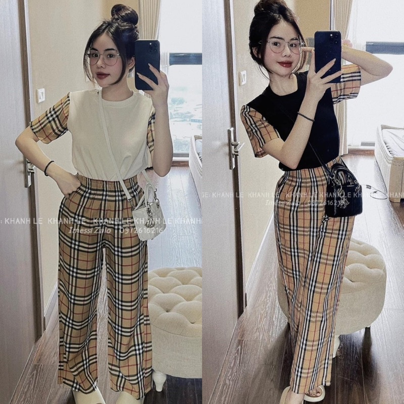 Set áo thun trắng đen phối tay kèm quần suông culottes caro