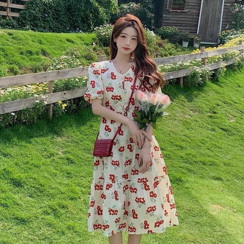 Váy Đầm Nữ Cổ Tim Tay Bồng Hoa Nhí Dáng Dài Babydoll Form Dễ Mặc